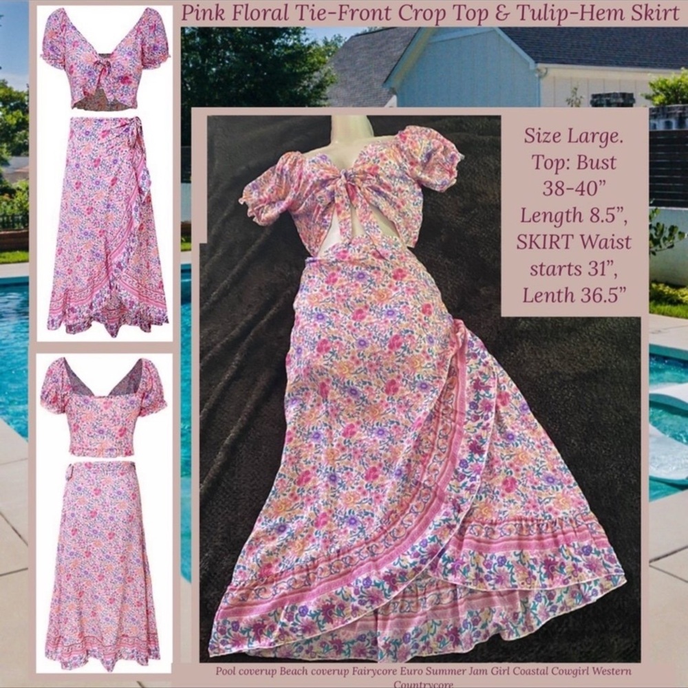 L NWOT 2PC BEACHY BOHO WRAP CROP TOP WRAP TULIP HEM SKIRT PINK FLORAL FUN &FEMME